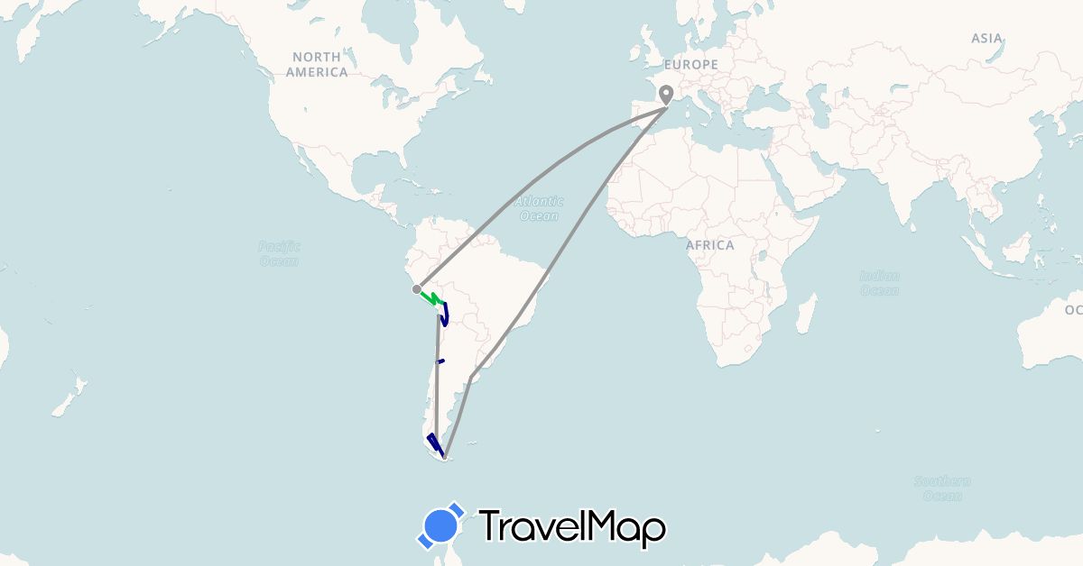 TravelMap itinerary: driving, bus, plane, boat in Argentina, Bolivia, Chile, Spain, Peru (Europe, South America)