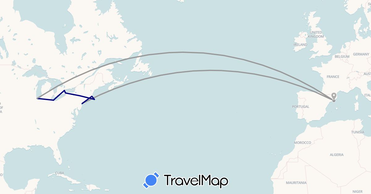 TravelMap itinerary: driving, plane in Canada, Spain, United States (Europe, North America)